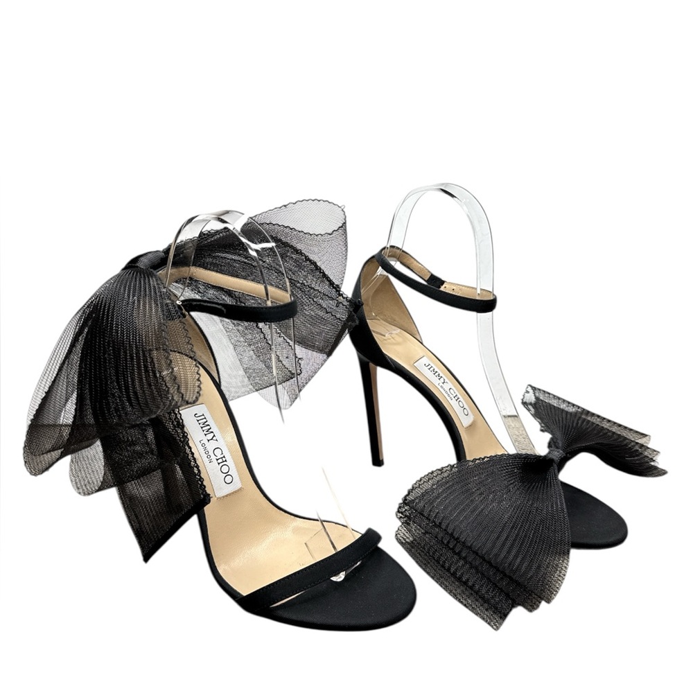 JIMMY CHOO Aveline Bow Sandals EU 37 US 7 Black Ankle Strap Open Toe High Heel